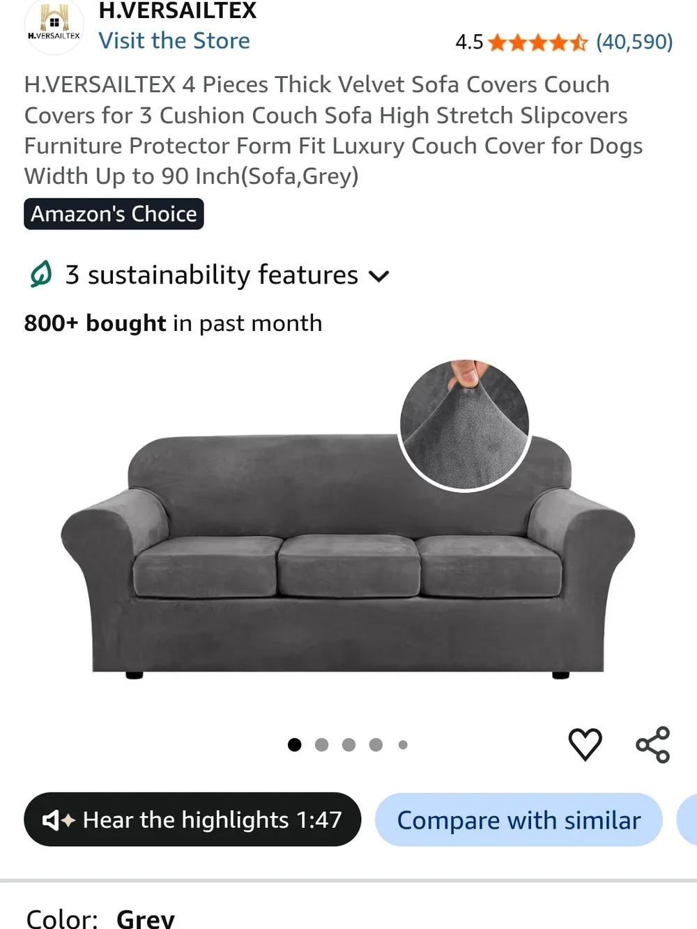 H.Versailtex Gray Couch Cover